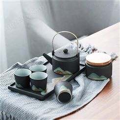 功夫陶瓷茶具套装 家用日式简茶茶具 远山黑釉茶具定制logo