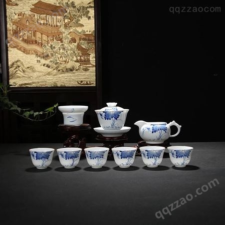 青花整套描金功夫茶具 家用简约茶杯 中式陶瓷办公盖碗日式泡茶壶套装