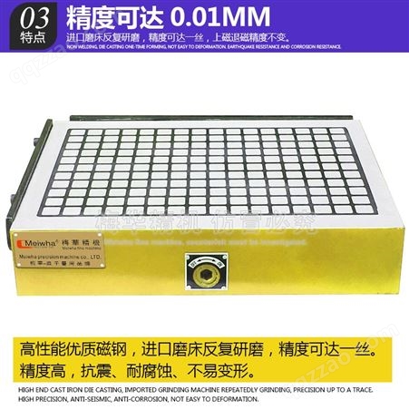 中国台湾梅华CNC强力磁盘真方格加工中心永磁吸盘电脑锣铣床实心磁台