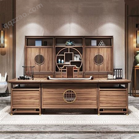 新中式办公桌椅组合 全实木沙发 总裁桌祥云大班公室家具