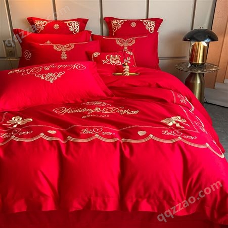 中式绣花婚庆四件套 结婚喜庆红色被套全棉床单