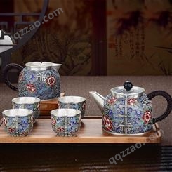 唐装 珐琅彩999银茶具 功夫茶器茶壶 景泰蓝工艺礼品