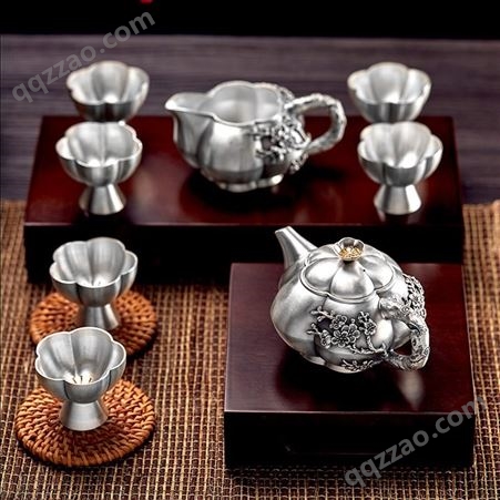 梅开五福银器茶具 纯银999茶具整套装 银茶壶银茶杯批发