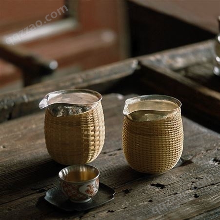 纯银999公道杯 纯手工一张打竹编公杯日式家用茶海分茶器